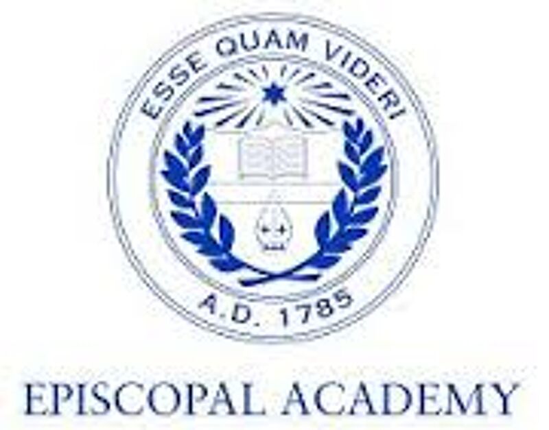 The image shows the seal of Episcopal Academy. The seal is circular and contains an open book, a bishop's mitre, and foliage. The text "ESSE QUAM VIDERI" is inscribed around the top of the seal, and "A.D. 1785" is at the bottom. The words "EPISCOPAL ACADEMY" are written below the seal.